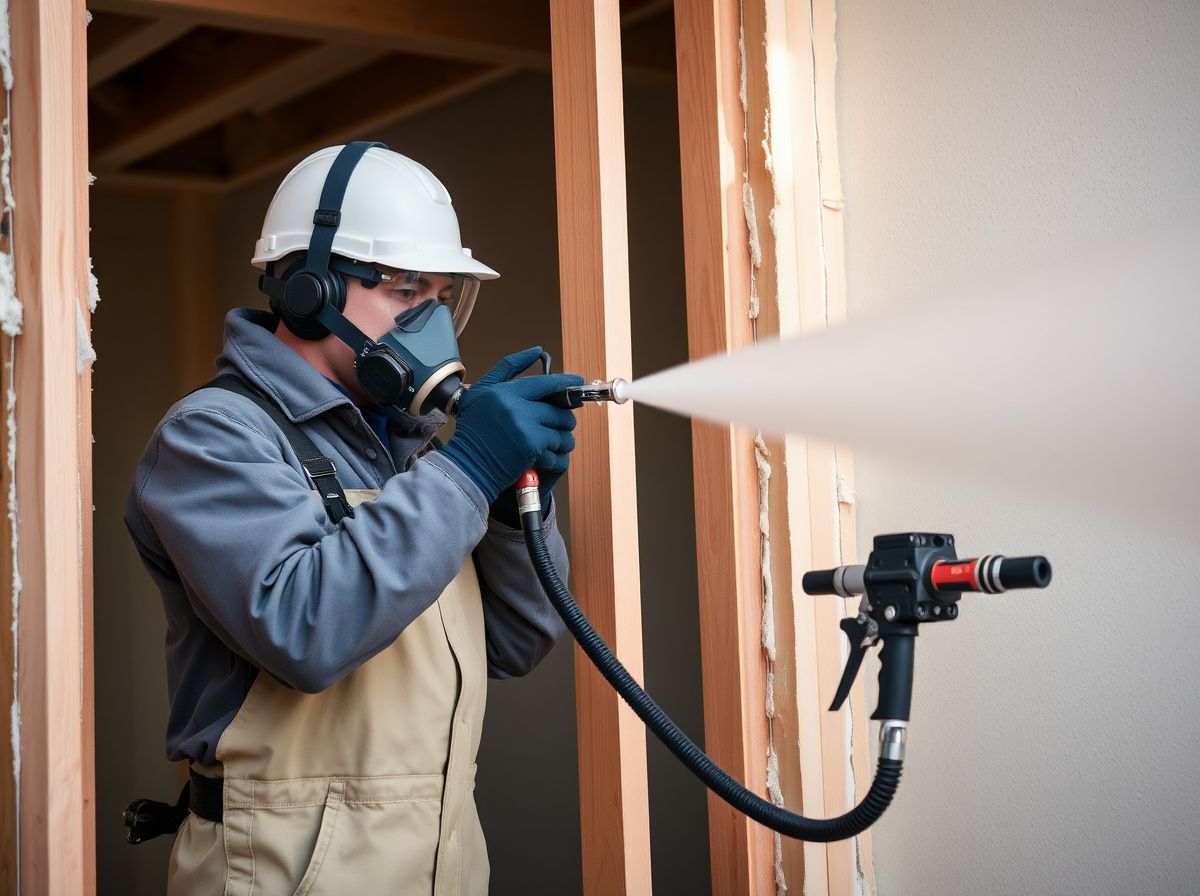 Contractor spray-applying foam insulation with a rig-connected hose and gun