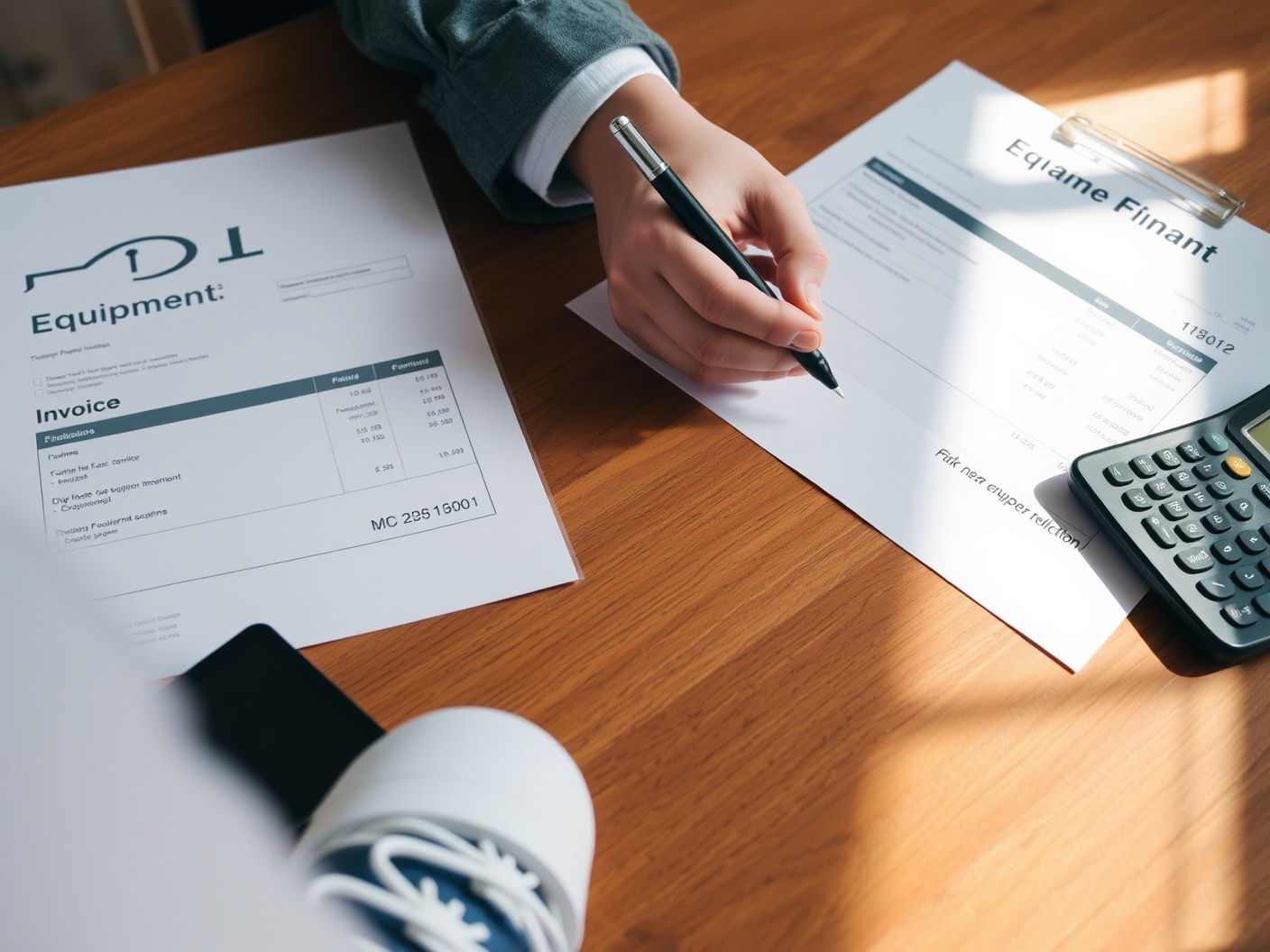 Financing paperwork and equipment invoice being reviewed at a desk
